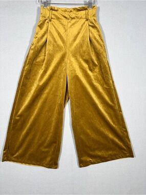 GU Uniqlo Velvet Wide Leg Pants Mustard Yellow Gold Pleated Cropped Sz Sm/M
